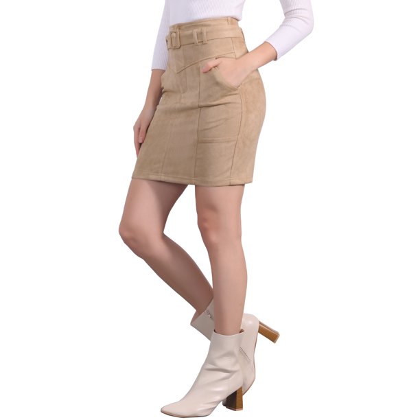 INSPIRE CHIC Falda de Mujer Imitación Ante Cintura Alta Casual con Cinturón Faldas Lápiz S Caqui