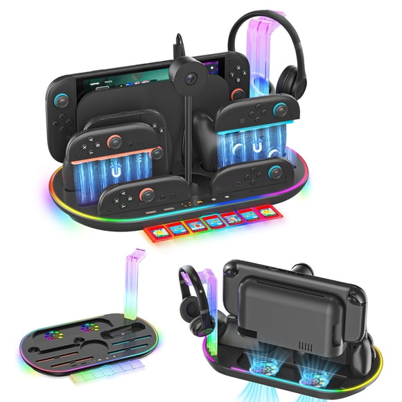 Base de carga para Switch 2, estación organizadora multifuncional con ventilador para enfriar la consola, cargador para 4 controles Joypad y Pro Controller, almacenamiento para cámara de Switch2