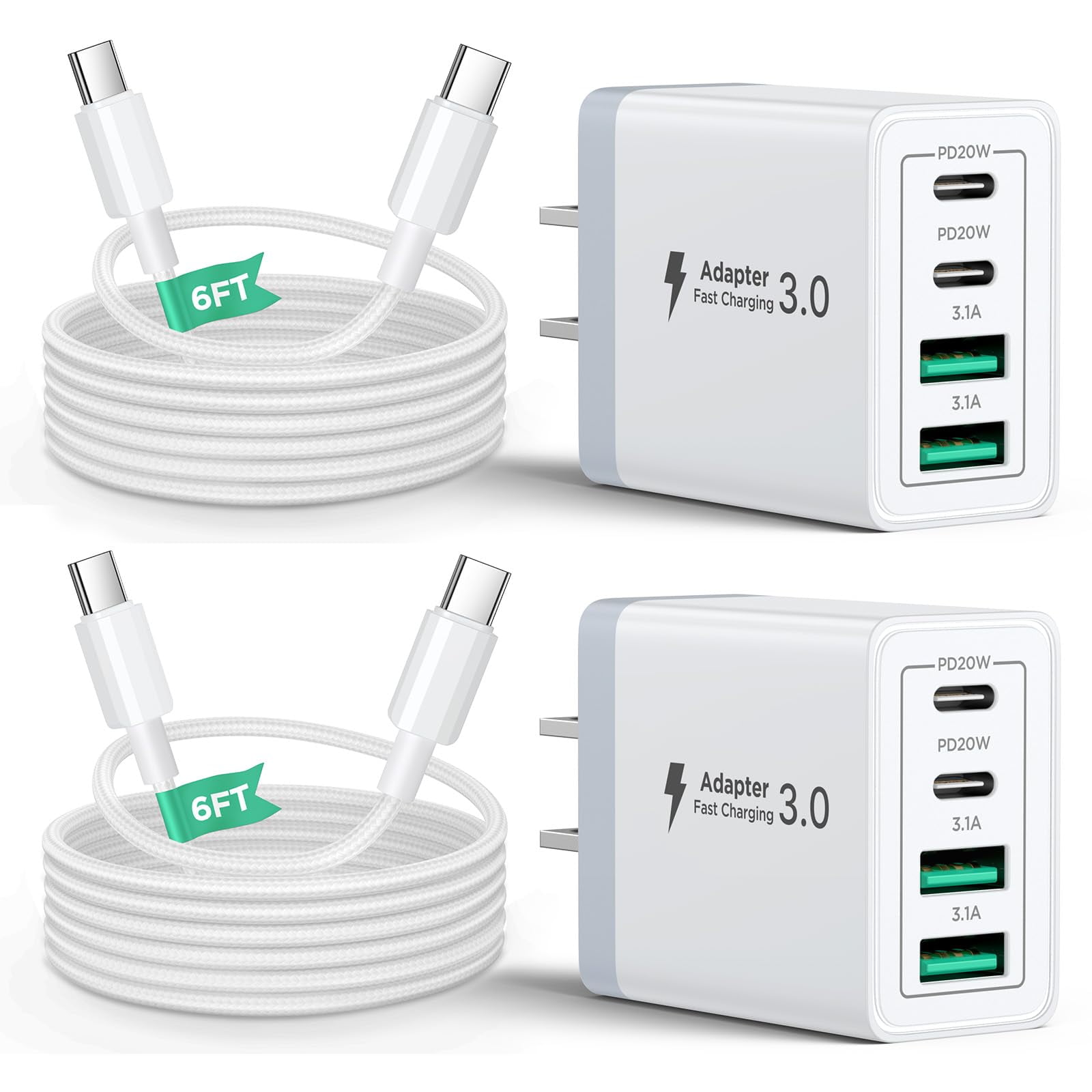 Bloque De Cargador Usb C Aiminu De 40 W, 4 Puertos Con Cable Usb-c De 6 Pies, Paquete De 2