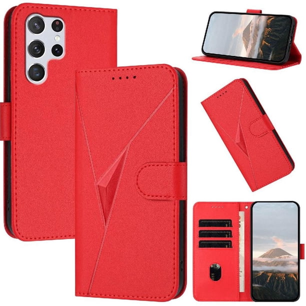 Funda Cartera Fibra de Carbono para Samsung Galaxy S22 Ultra con Soporte y Cierre Magnético Rojo