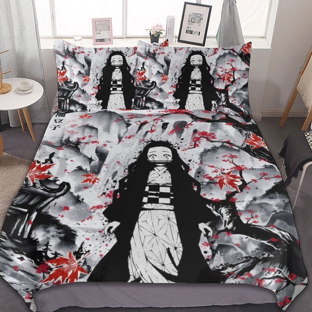 Demon Slayer Nezuko 3-Piece Bedding Set Warm And Comfortable Soft Duvet Cover Bed Set for Boys Girls Kids Adult Bedroom All Season