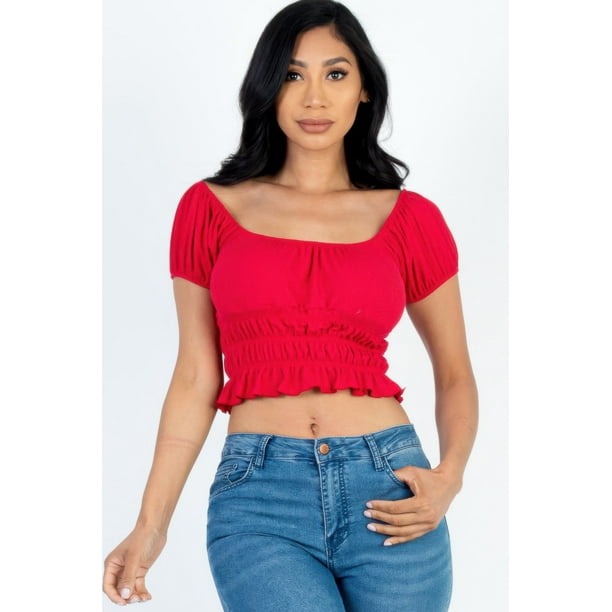 Top Casual de Punto Acanalado Liso con Mangas Abullonadas Fruncidas
