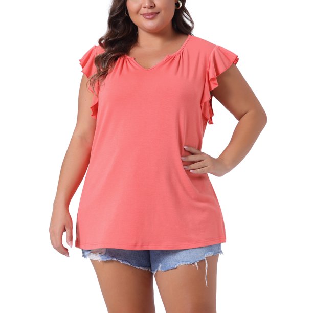 Agnes Orinda Blusas de Verano para Mujer Tallas Grandes Cuello en V con Muesca Mangas con Volantes Blusa Casual 1X Naranja