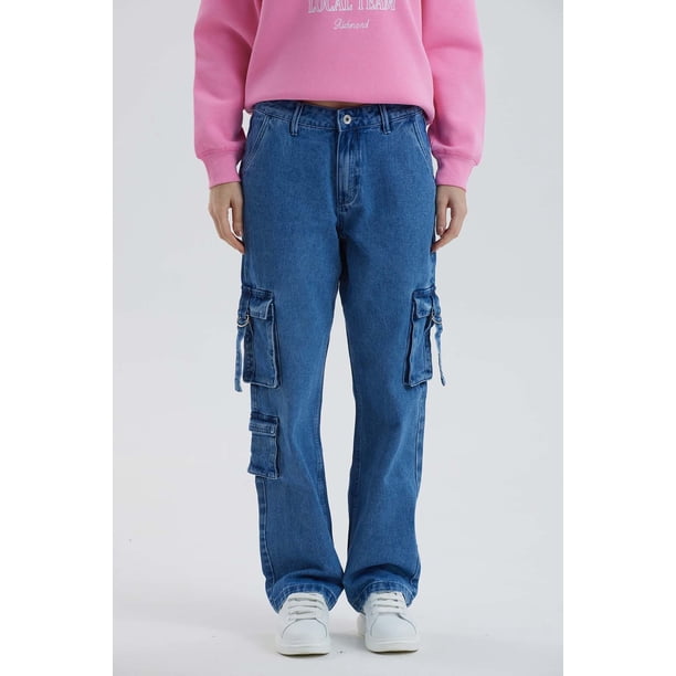 Jeans Mujer Recto Cargo Azul