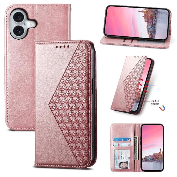 Funda Flip FOXDOCK para iPhone 16 Pro , Estilo Billetera con Diseño Rombo, Correa de Mano y Soporte, Uso Diario