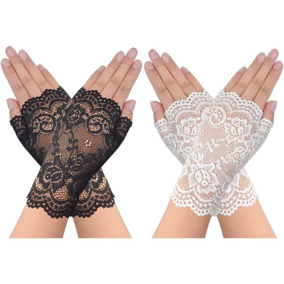 obmwang 2 pares de guantes de encaje sin dedos para mujer con diseño floral