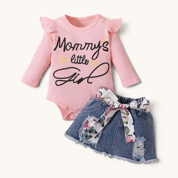 Conjunto De Body Manga Larga + Falda De Mezclilla Y Cinturon Para Niñas Primavera Verano