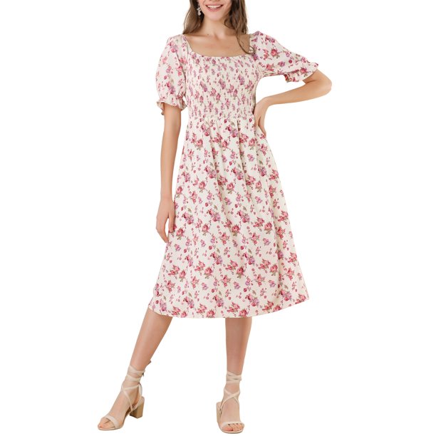INSPIRE CHIC Vestido de Mujer con Nido de Abeja Floral Cuello Cuadrado Mangas Cortas Abullonadas Vestidos Midi de Primavera Verano Beige 3XL