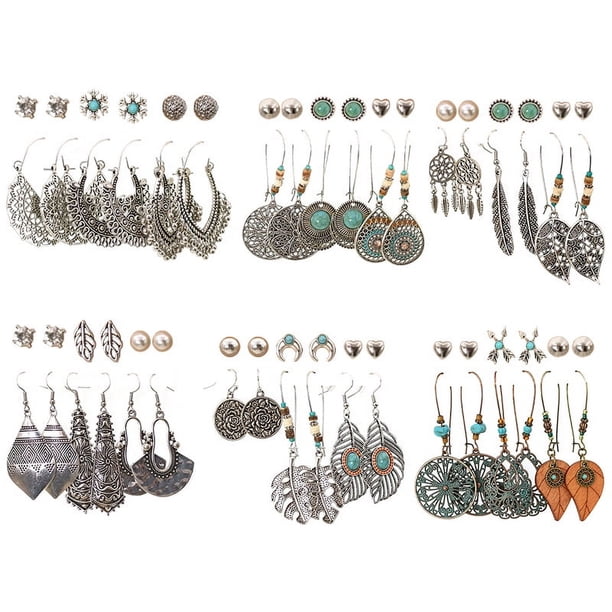 36pairs Vintage Water Droplet Heart Eardrop Turquoise Pine Engraved Stud Earrings - Ancient Silver Geometric Design