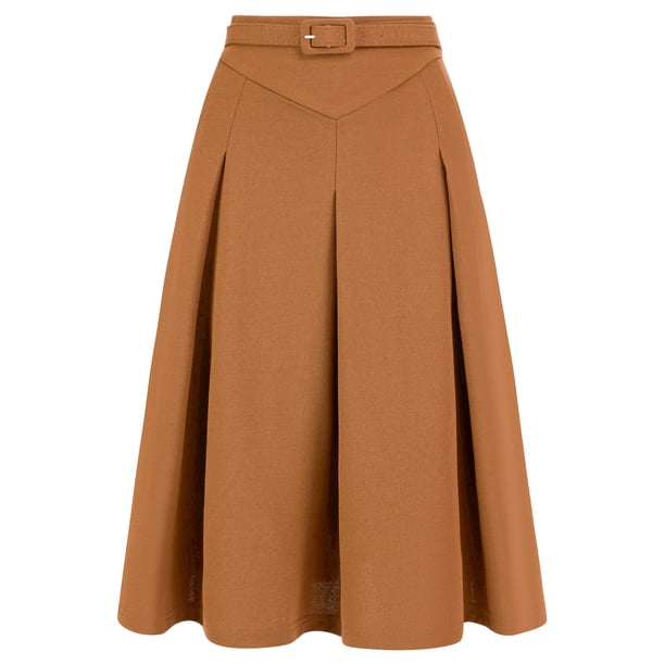 INSPIRE CHIC INSPIRE CHIC Falda de Oficina para Mujer con Cinturón en la Cintura, Falda Midi Línea A Plisada M Marrón
