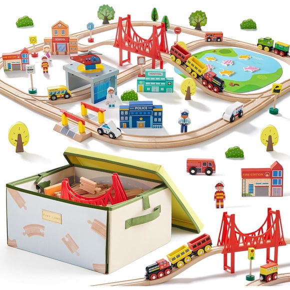 Tren de Madera Tiny Land 110 Piezas con Caja y Tapete