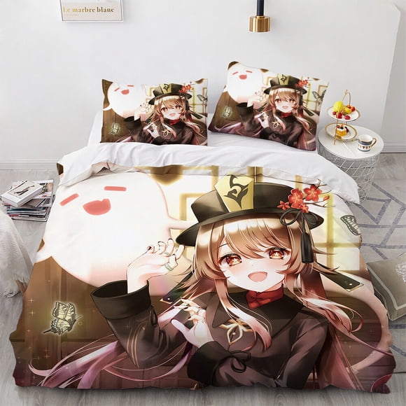 Genshin Impact Hu Tao Bedding Set Anime Keqing Ganyu Duvet Cover Pillowcase3-Piece Bedding Set (1 Duvet Cover + 2 Pillow Shams)