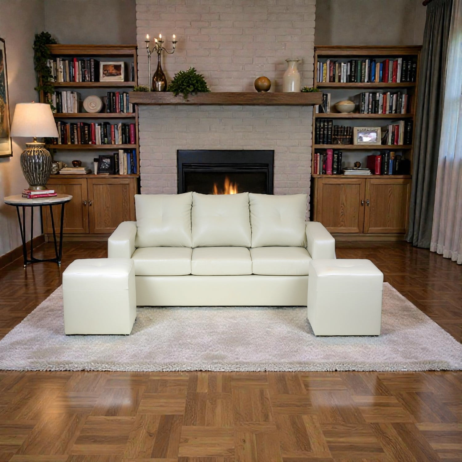 Muebles Altiro - Living Emanuel 3 Cuerpos Y 2 Poufs - Cuero Sintético Pu Beige