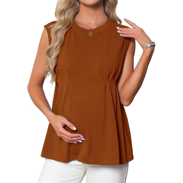 INSPIRE CHIC Blusas de maternidad para mujer, sin mangas, con pliegues, peplum, manga corta, casual, elegante, sin mangas, embarazo, S marrón