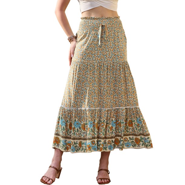 INSPIRE CHIC Faldas Maxi de Verano para Mujeres 2026 Estampado Floral Bohemio Elástico de Cintura Alta Línea A Falda de Playa M Beige
