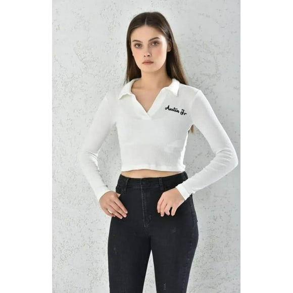 Poleron Mujer Crop Blanco Ajustado Talla XS