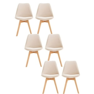 Habita2 Chile - Pack 6 Sillas Para Comedor Tulip Tapiz Lino Base Madera - Beige