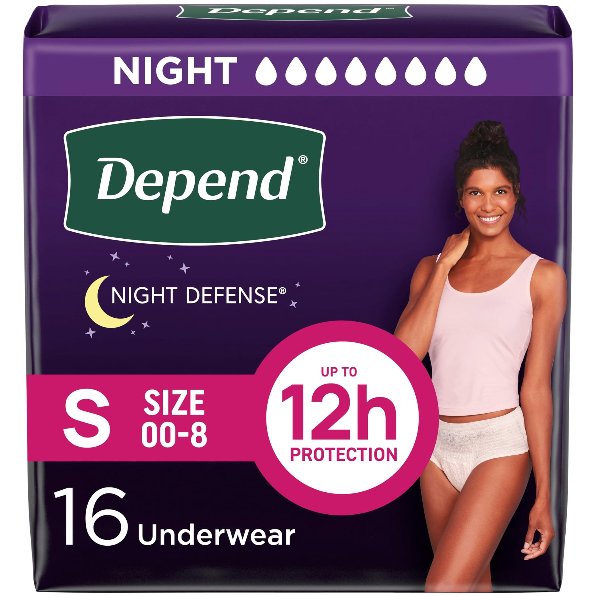 Ropa Interior Para Incontinencia Depend Night Defense Para Mujer, Talla Pequeña, 16