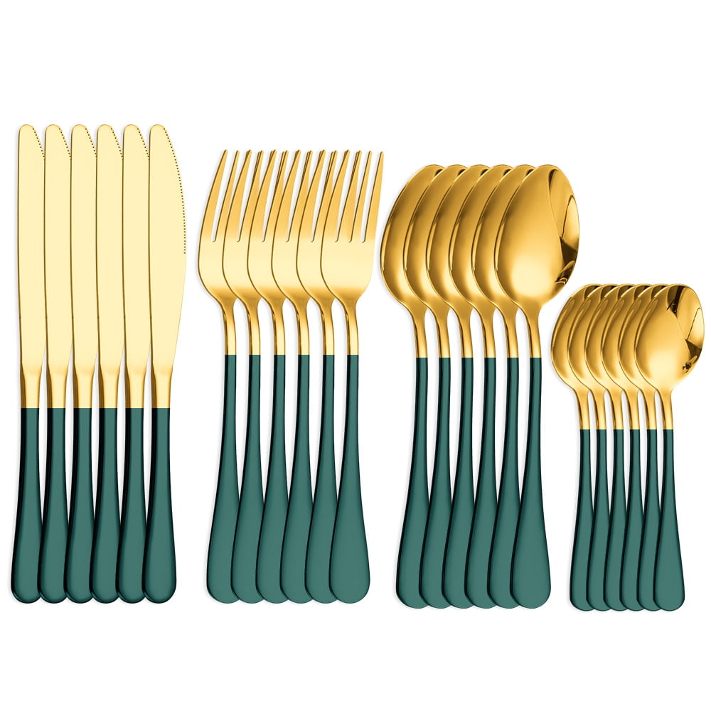 Xmhytop Juego De Cubiertos De Oro Verde 24 Piezas, Acero Inoxidable, Estilo Moderno Para Cenas Y Eventos