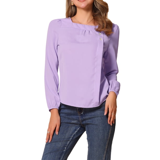 INSPIRE CHIC Blusa Casual de Manga Larga con Cuello Cuadrado para Mujer para Trabajo y Fin de Semana Talla L Color Púrpura Claro