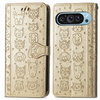 Funda Cartera Foxdock Para Google Pixel 10/10 Pro , Flip Pu Con Relieve De Gatos Y Perros, Tarjetero Y Soporte