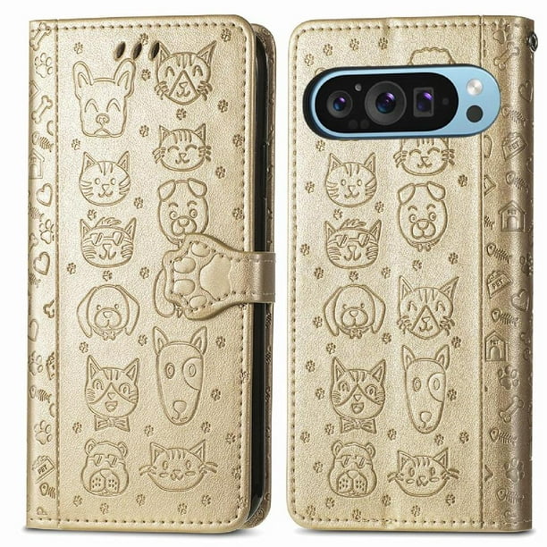 Funda Cartera FOXDOCK para Google Pixel 10/10 Pro , Flip PU con Relieve de Gatos y Perros, Tarjetero y Soporte