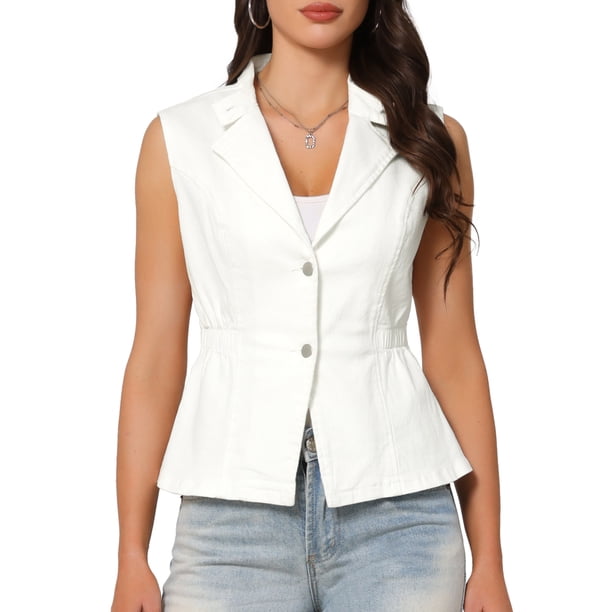 INSPIRE CHIC Chaleco de regreso a clases para mujer, botones de mezclilla, solapa con muesca, cintura elástica, chaquetas sin mangas de mezclilla, 2XL blanco