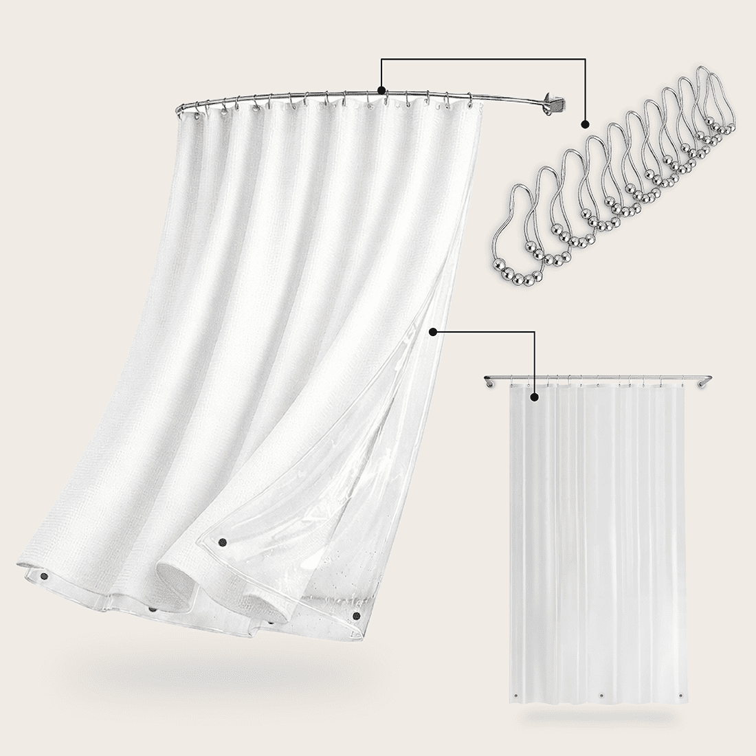 Aura Zeus - Cortina De Baño Tela + Forro + 12 Ganchos Premium 180 X 180 Cm Blanco Juego Larga Az