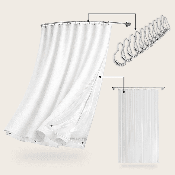 Cortina De Baño Tela + Forro + 12 Ganchos Premium 180 X 180 Cm Blanco Juego Larga Az