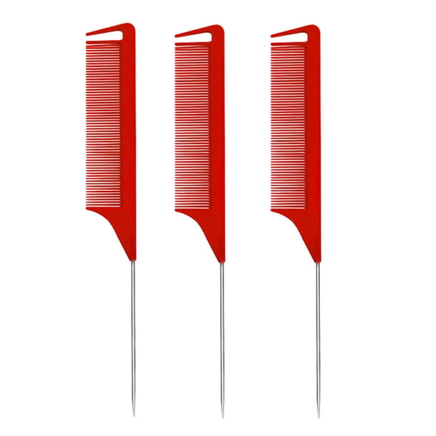 Peines de cola de rata: Juego de 3 peines de cola de rata, peine de acero largo para cardar, peines para peluquería, peines de cola de metal, peines de raya para mujeres.