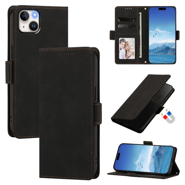 Funda Billetera Delgada para iPhone 14 Plus con Ranuras y Soporte Negro