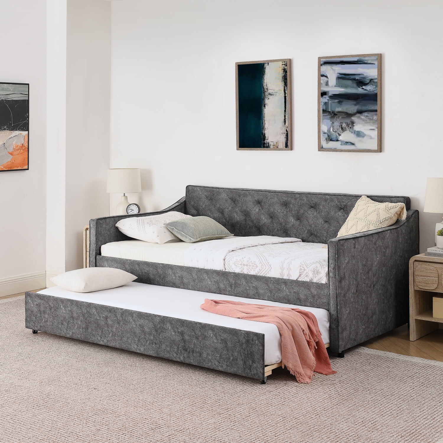 M&ms - Twin Size Upholstery Daybed With Twin Size Pop-up Trundle And Usb Charging Design