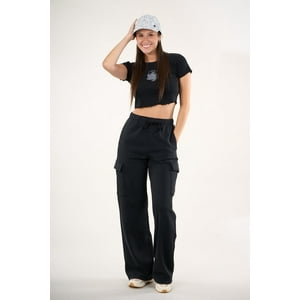 Pantalon Franela Cargo Widee Leg Negro Vw4726 Mujer Polemic