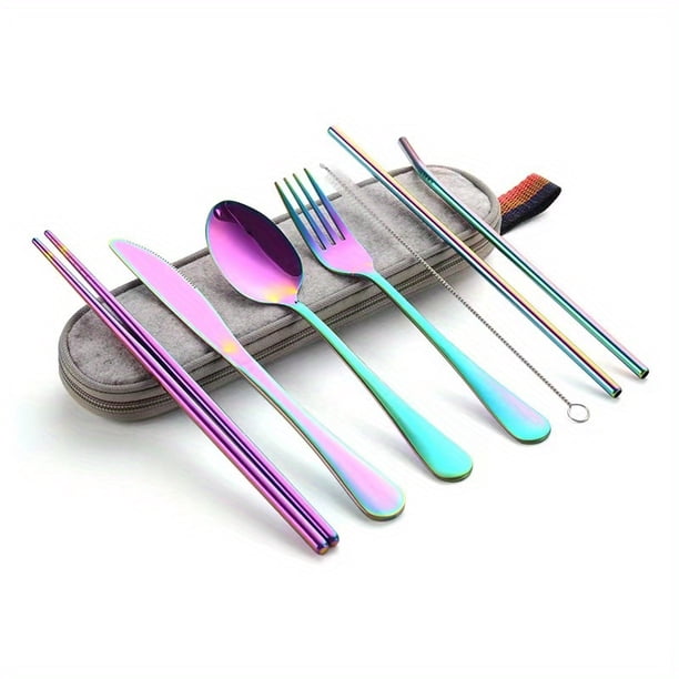Travel in Style with our 8-Piece Stainless Steel Portable Utensils Set - Knife, Fork, Spoon, Chopsticks, Cleaning Brush, Straws, and Portable Case