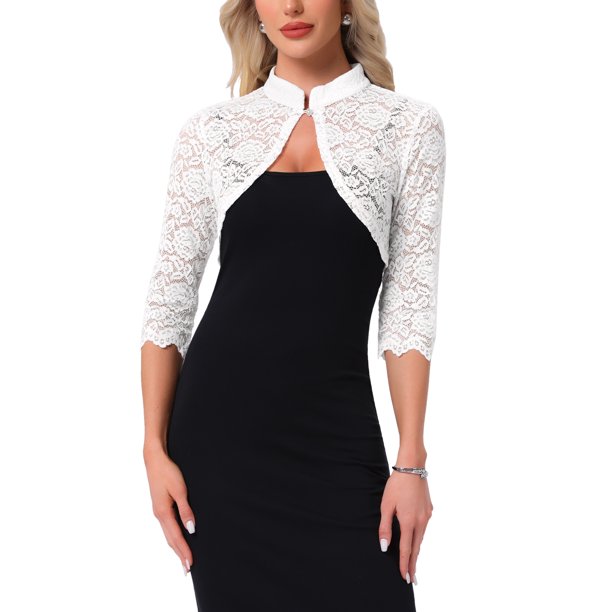 INSPIRE CHIC Elegante Bolero de Encaje para Mujeres con Mangas 3/4 Cárdigan de Encaje Floral Transparente Talla L Blanco