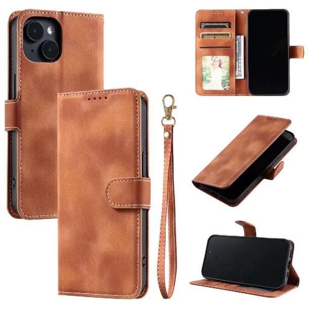 Funda Cartera para iPhone 14 Tapa con Ranuras, Soporte y Correa Marrón