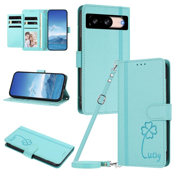 Funda Cartera Trébol para Google Pixel 8 con Ranuras Tarjetas y Carga Inalámbrica Verde menta