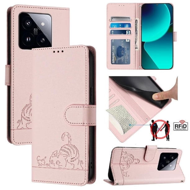 Funda tipo cartera FOXDOCK para Xiaomi 14 Pro 5G con soporte, ranuras, RFID, diseño de gato