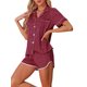 thumbnail image 4 of INSPIRE CHIC Conjunto de Pijama de Satén para Mujer, Camisón de Manga Corta de Botones con Ribete en Contraste y Pantalones Cortos para Primavera Verano 2XL Rojo, 4 of 6