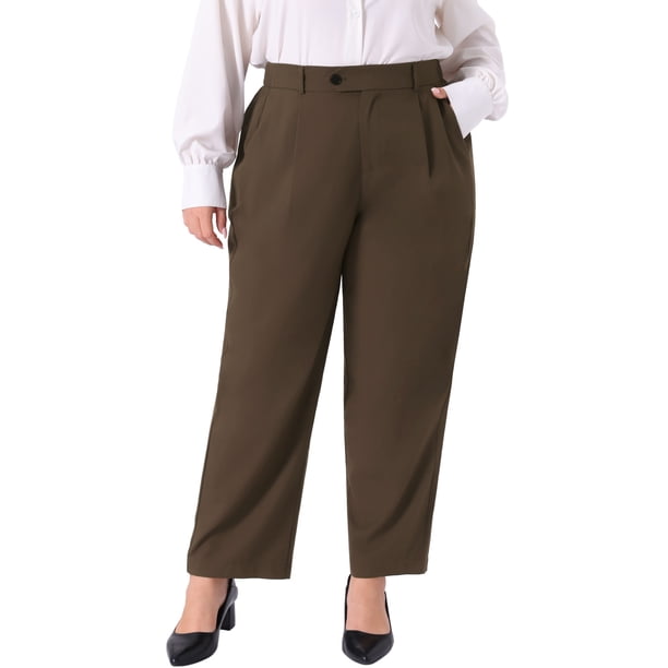Agnes Orinda Pantalones Casuales de Negocios Rectos de Talla Grande para Mujer con Bolsillo 5X Café, de Talle Alto y Plisados para la Escuela, Universidad, Trabajo u Oficina