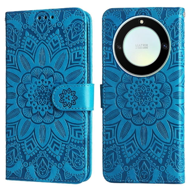 Funda tipo cartera FOXDOCK para Honor Magic 5 Lite , diseño girasol en relieve, cuero PU, cierre magnético, soporte y tarjetero