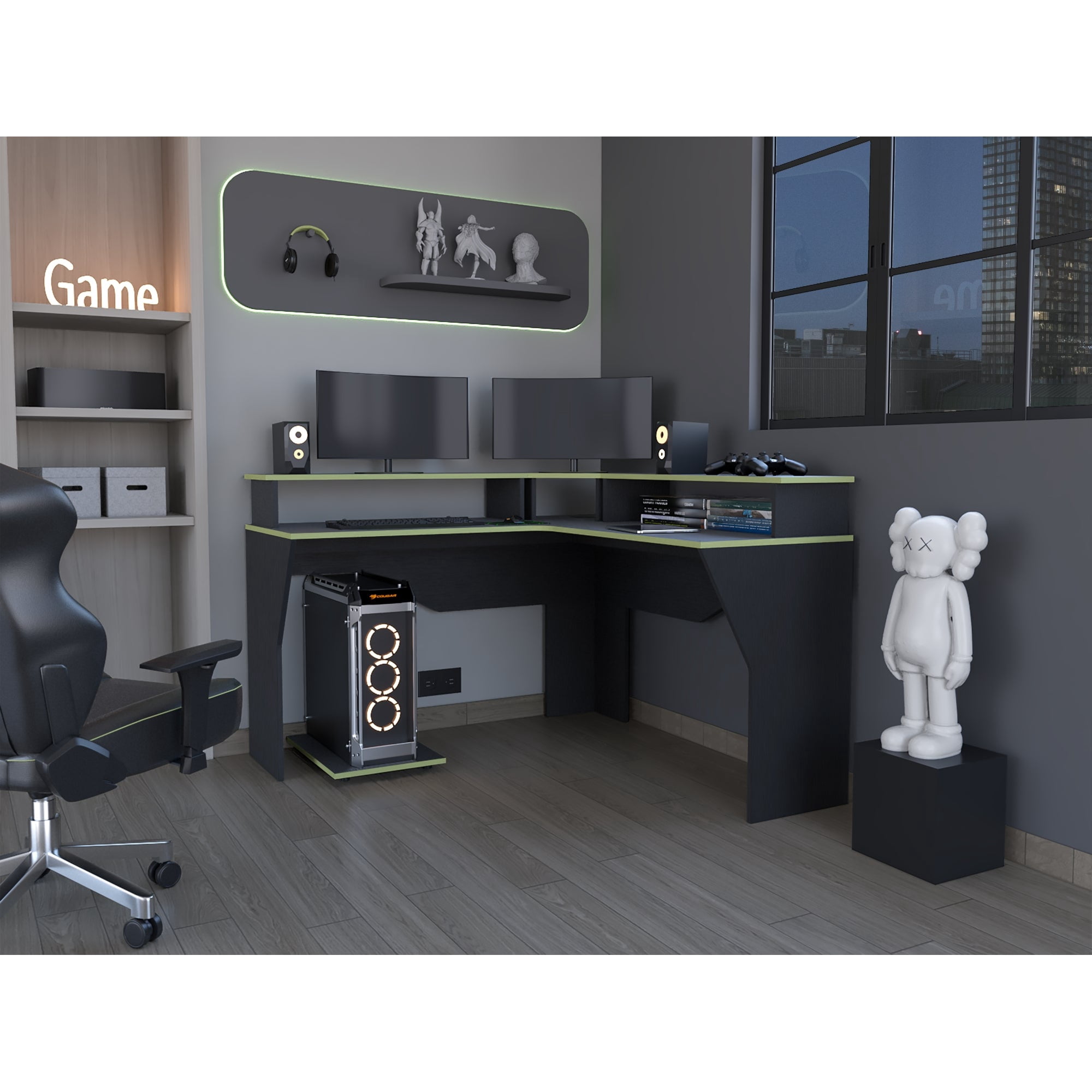Tuhome - Escritorio Gamer En L Guma 2 Monitores | Mesa Gamer Esquinera Wengue Verde | Setup Dual Monitor Gaming