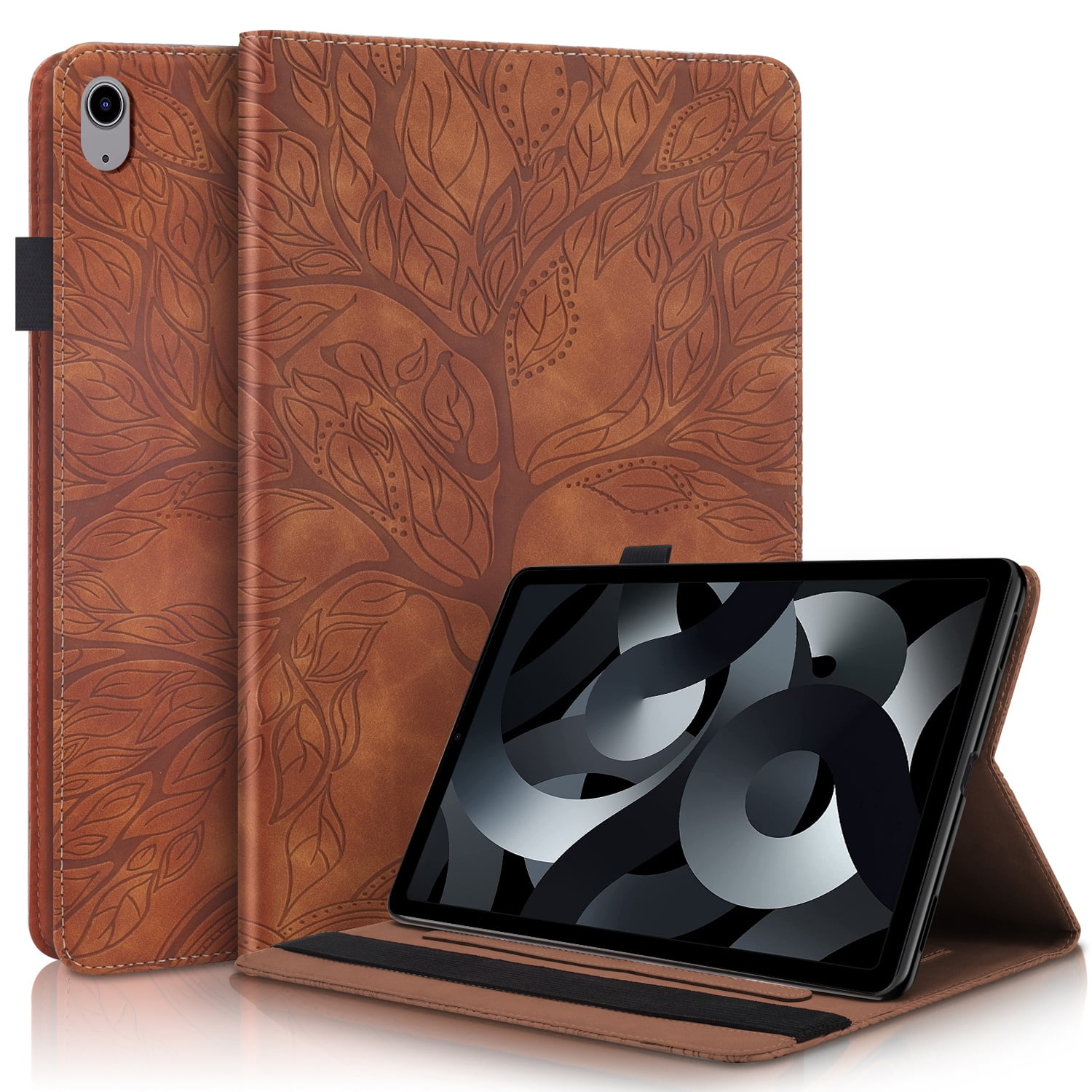 Foxdock - Funda Con Relieve Del Árbol De La Vida Para Tablet Ipad 10 2022 Con Soporte, Ranuras Para Tarjetas Y Soporte Para Lápiz Óptico. Marrón