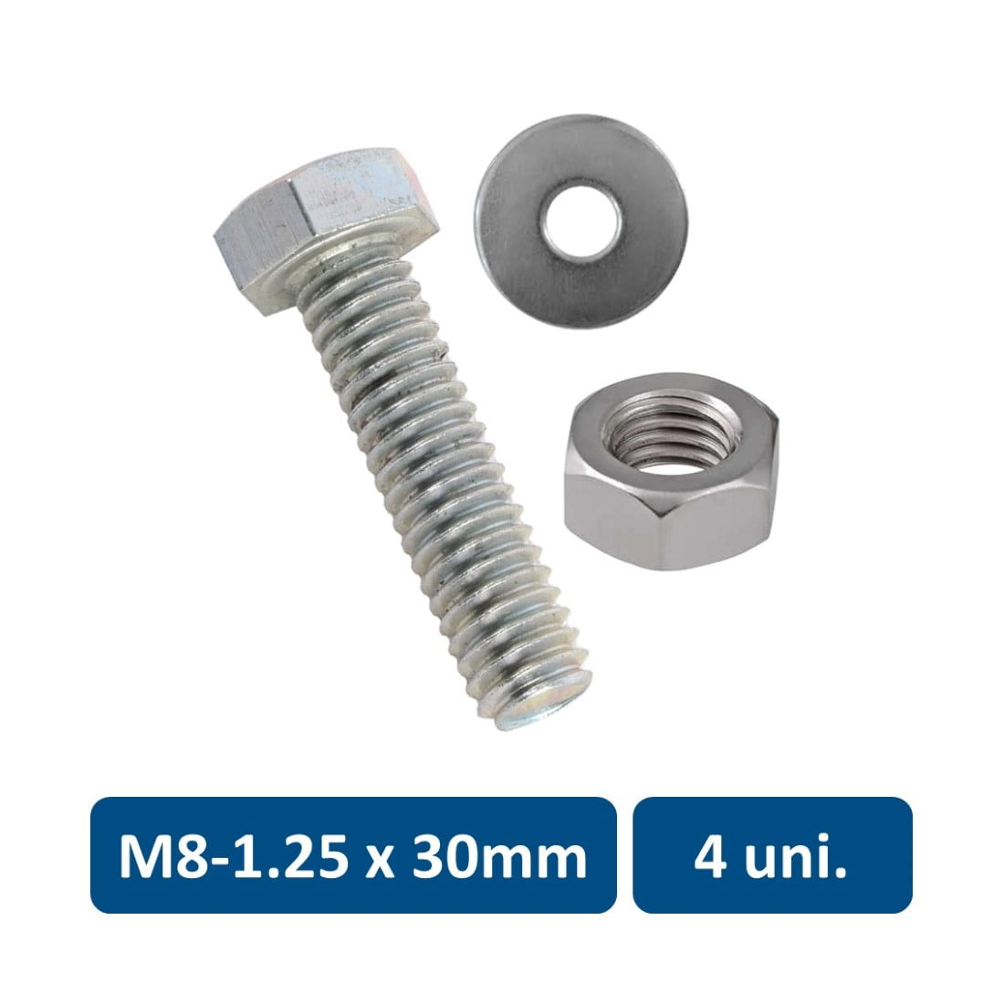 Rukafe Basics - Set De Perno Hexagonal, Tuerca Y Golilla Metrico M8-1.25 X 30mm 4un.