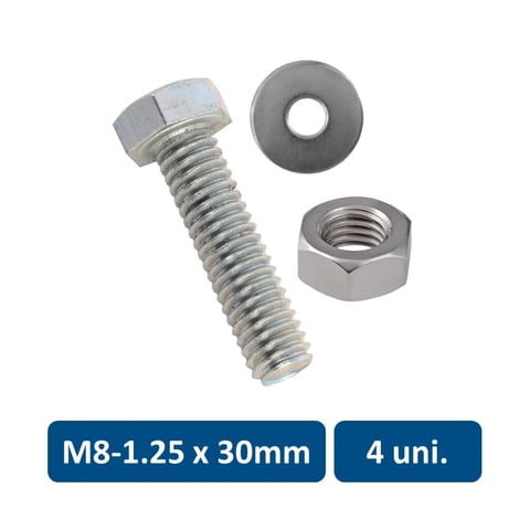 Rukafe Basics - Set De Perno Hexagonal, Tuerca Y Golilla Metrico M8-1.25 X 30Mm 4Un.