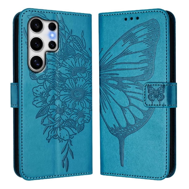 Funda cartera mariposa para Samsung Galaxy S25 Ultra con soporte y ranuras para tarjetas Azul