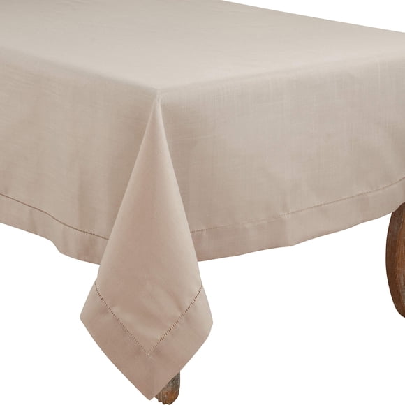 SARO LIFESTYLE Mantel Clásico con Bordado de Dobladillo - Mantel Elegante para Uso Diario con Tejido Texturizado y Borde de Puntada para Mesas de Comedor y Eventos Formales, 60" x 60", Topo