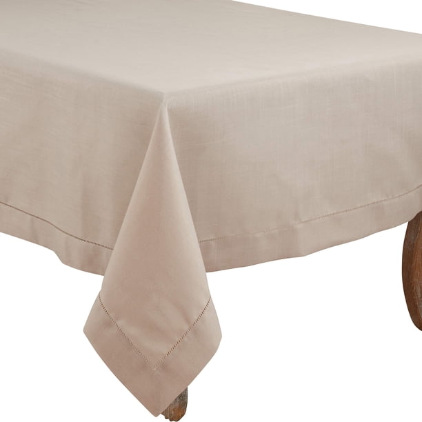 SARO LIFESTYLE Mantel Clásico con Bordado de Dobladillo - Mantel Elegante para Uso Diario con Tejido Texturizado y Borde de Puntada para Mesas de Comedor y Eventos Formales, 60" x 60", Topo