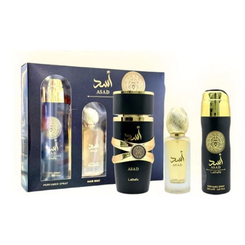 Set de perfume LATTAFA Asad unisex (3 piezas): 3.4 oz EDP; 6.7 oz desodorante; 1.7 oz BRUMA CAPILAR