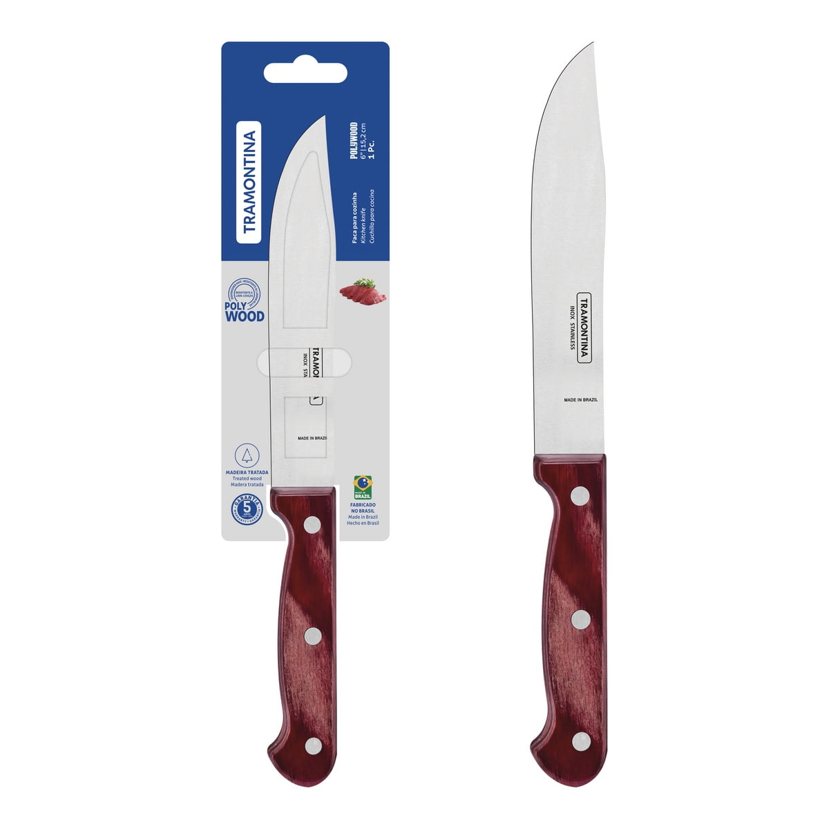 Cuchillo De Cocina Tramontina Polywood Con Lámina De Acero Inoxidable Y Mango De Madera Tratada Rojo 6